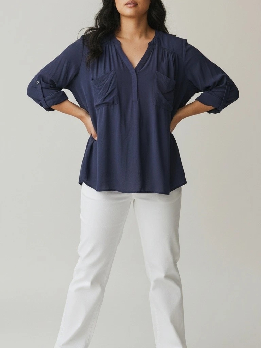 Torrid V-Neck Roll-Sleeve Tunic Top in Navy 6X